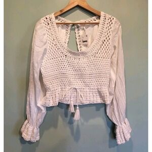 New Free People Off White Crochet Long Puff Sleeve Open Back Crop Top M